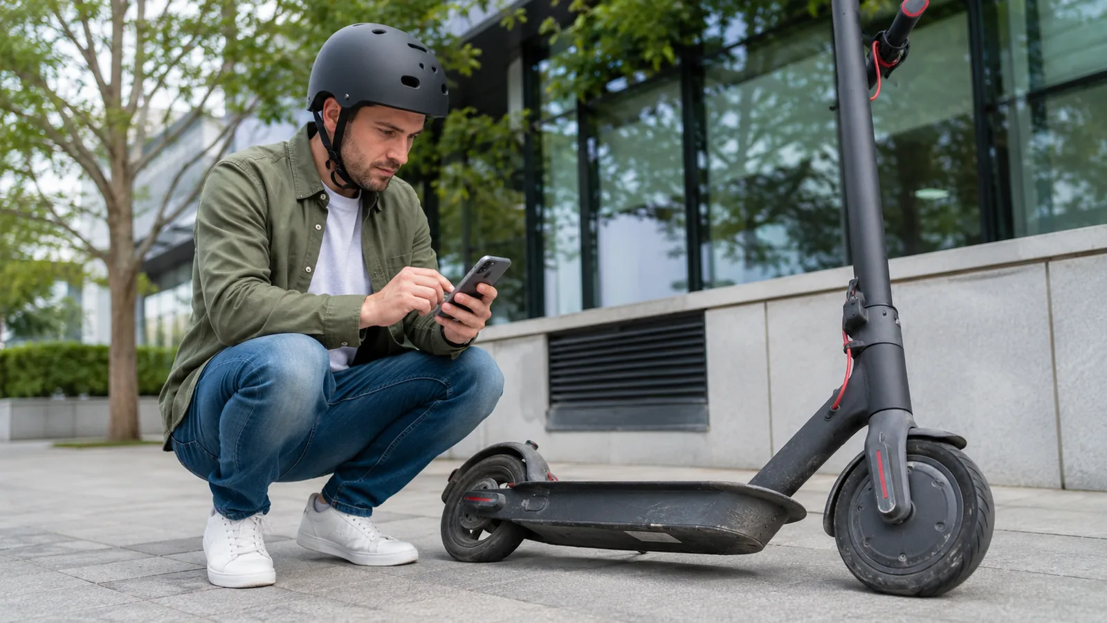 Umgestürzter E-Scooter liegt am Boden, Mann mit Helm prüft nach dem Sturz sein Smartphone