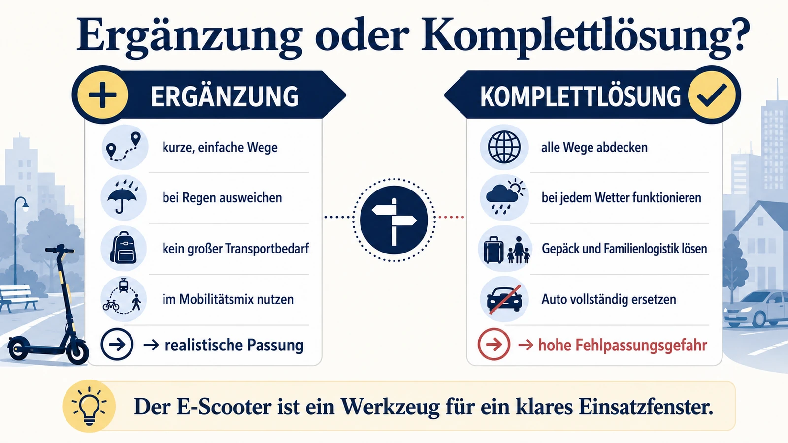 Infografik: E-Scooter als Ergänzung oder Komplettlösung – realistische Passung gegen hohe Fehlpassungsgefahr