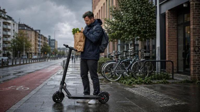 Person steht bei Regen mit einer Einkaufstüte auf einem E-Scooter an einer nassen Straße