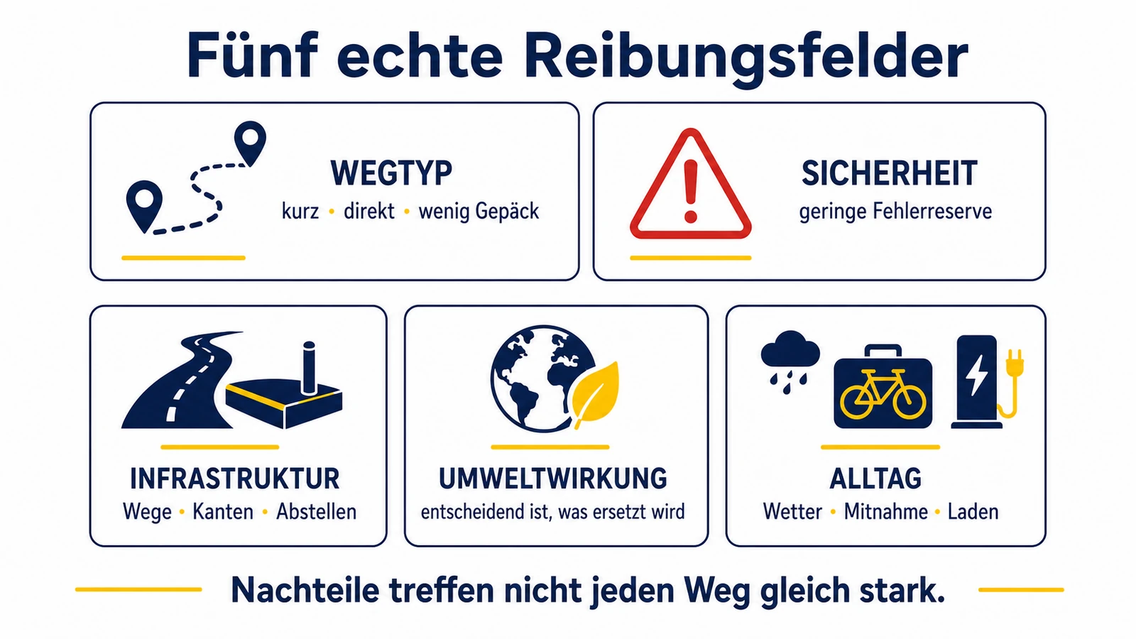 Infografik: fünf echte Reibungsfelder beim E-Scooter – Wegtyp, Sicherheit, Infrastruktur, Umweltwirkung, Alltag