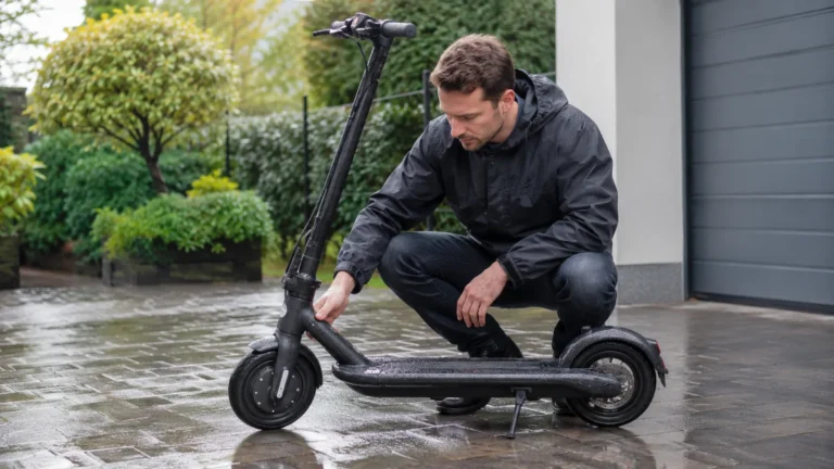Mann in Regenjacke prüft einen komplett nassen E-Scooter auf regennassem Pflaster
