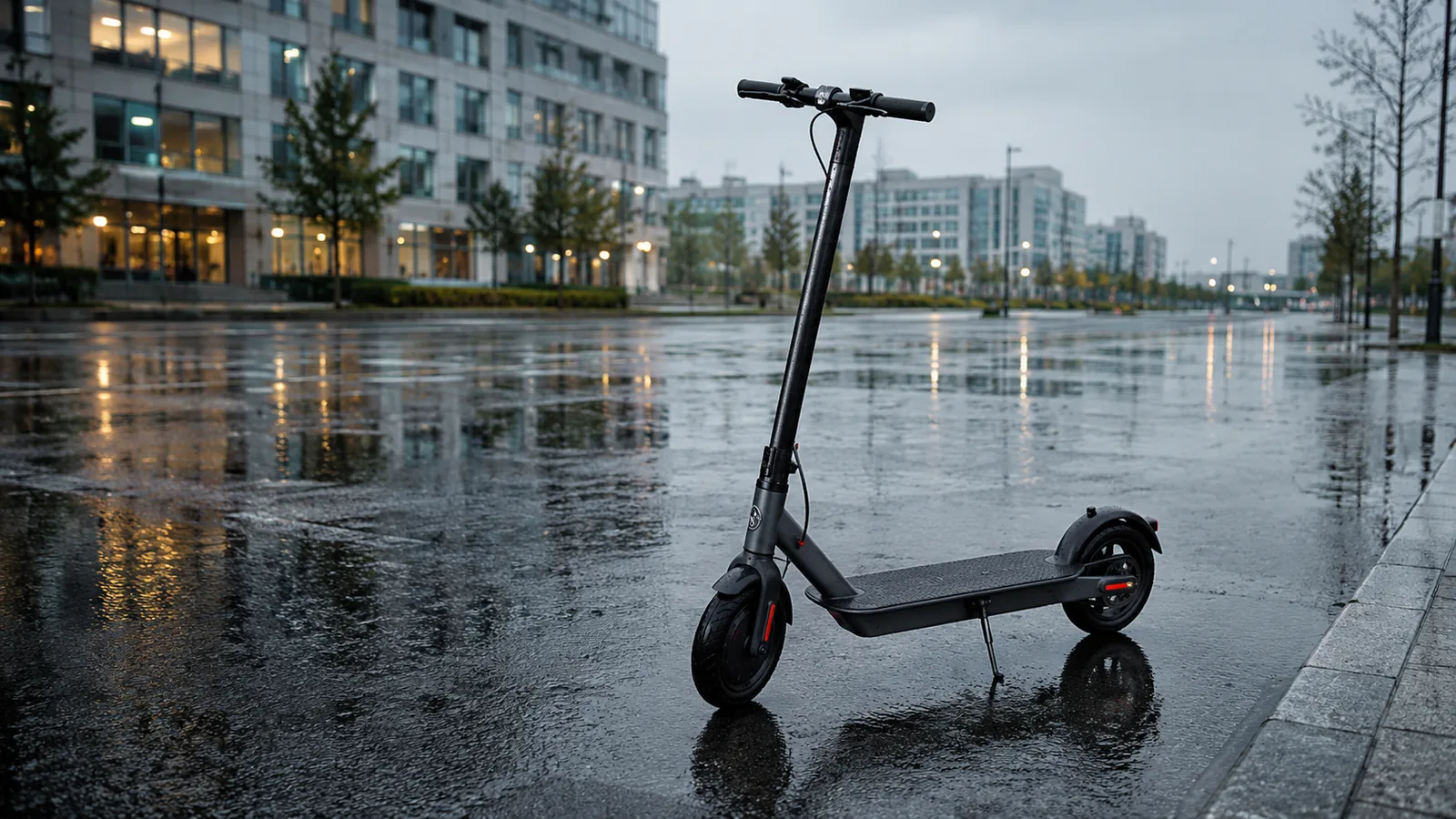 E-Scooter steht auf regennasser, spiegelnder Fahrbahn bei trübem Wetter in der Stadt