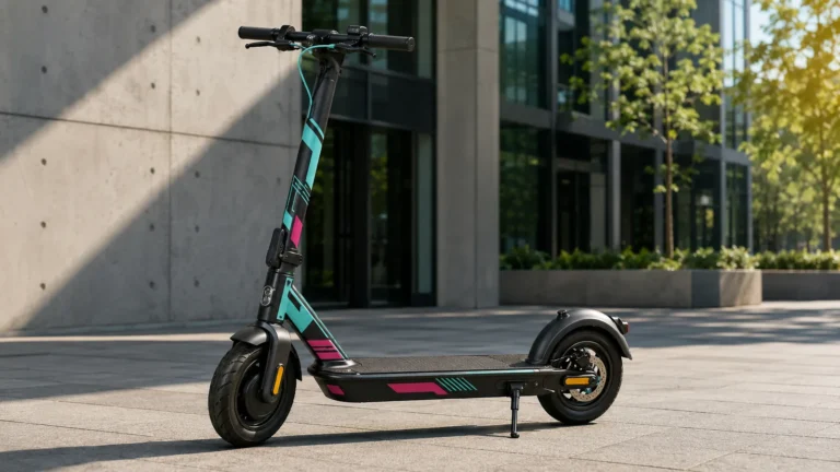 Moderner E-Scooter mit dezentem Partial-Skin in Türkis und Pink vor einem modernen Gebäude
