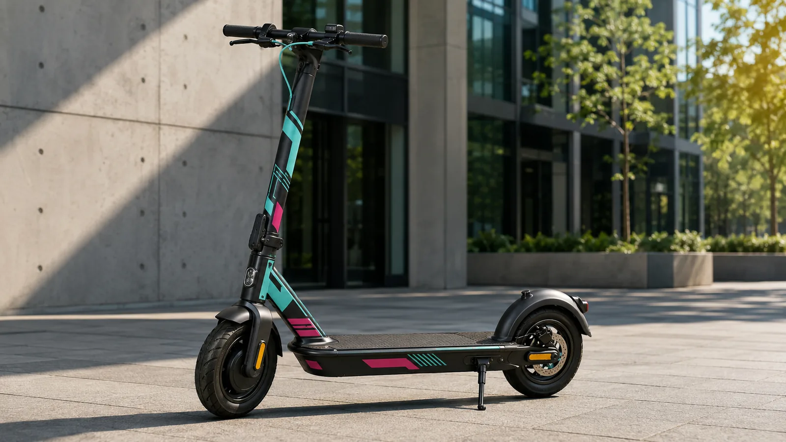 Moderner E-Scooter mit dezentem Partial-Skin in Türkis und Pink vor einem modernen Gebäude