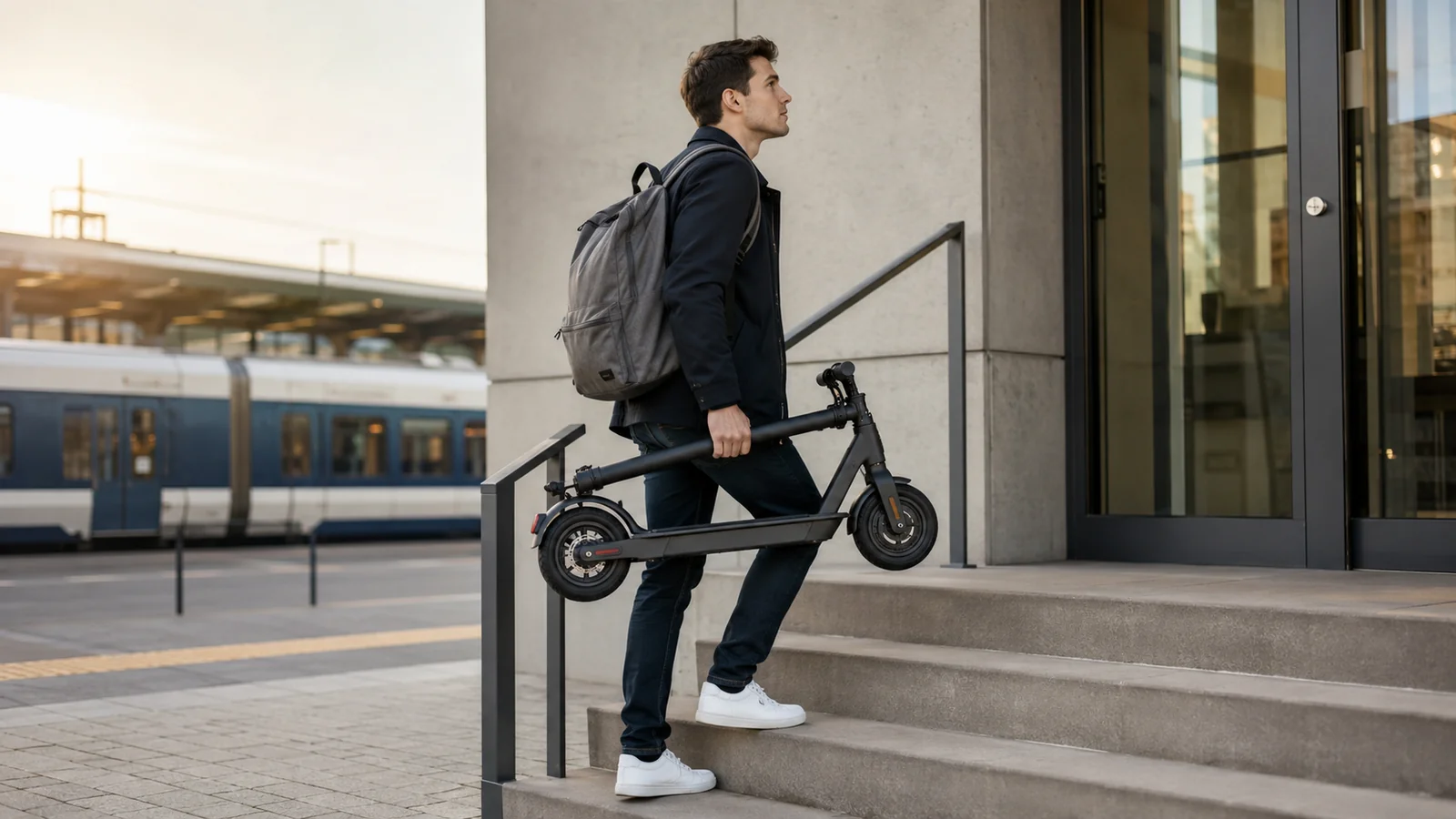 Mann trägt einen gefalteten E-Scooter eine Treppe an einem Bahnhof hinauf