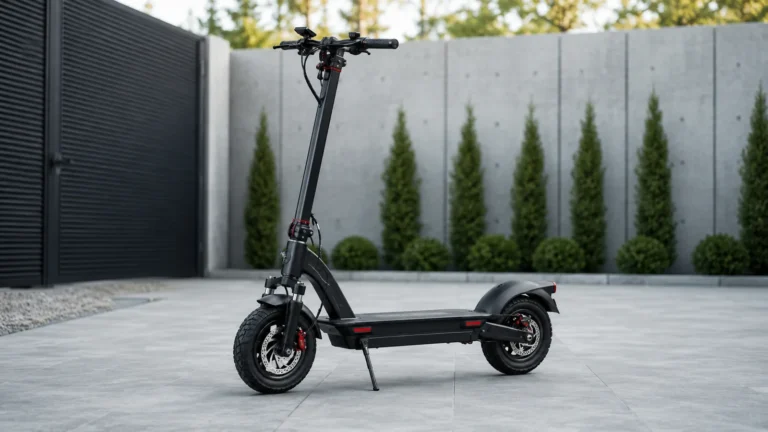 Schwarzer E-Scooter mit Offroad-Reifen und Doppelscheibenbremse seitlich auf sauberem Betonhof, Setup-Detail im Fokus