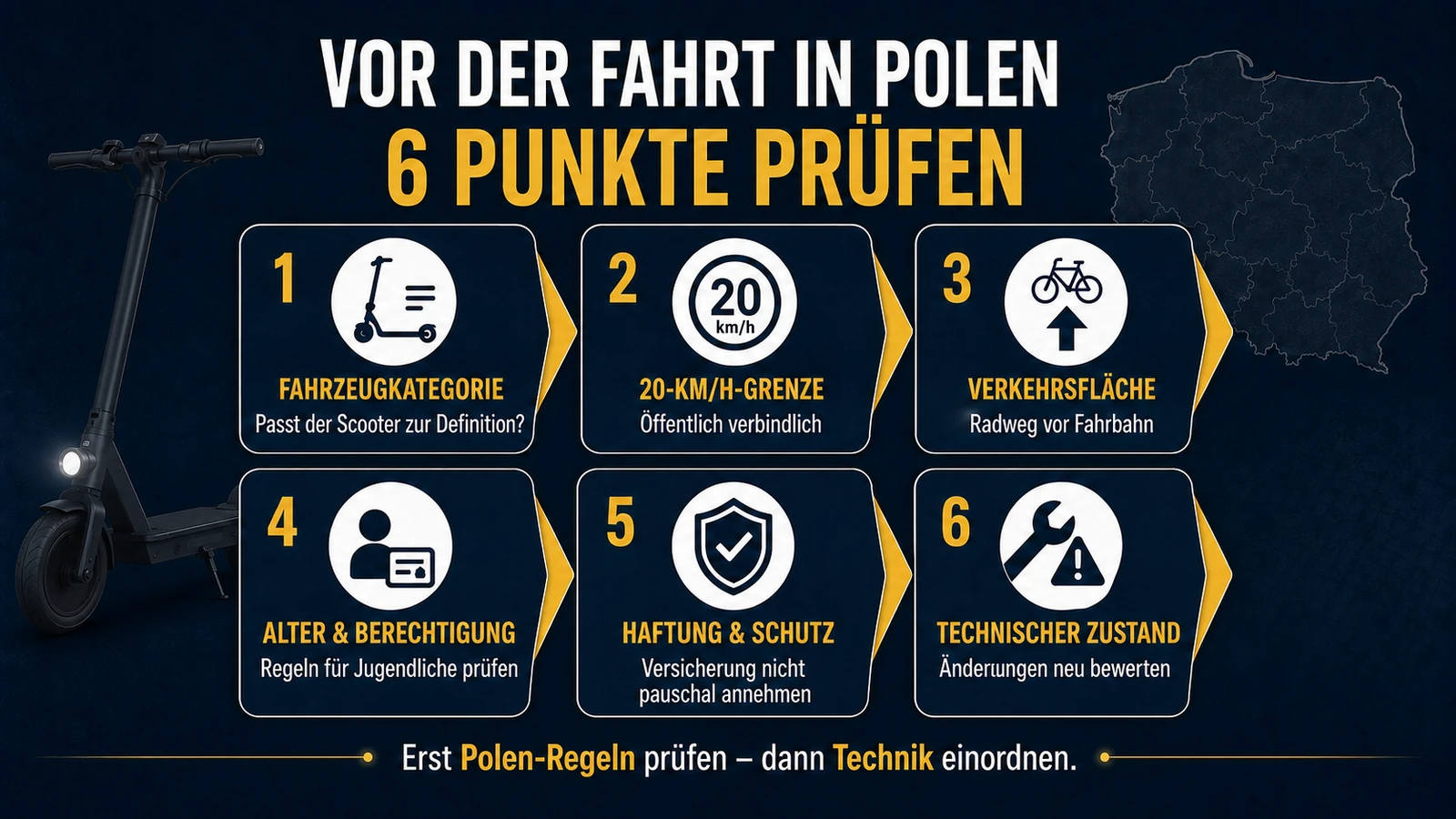 Infografik sechs Punkte vor der E-Scooter-Fahrt in Polen