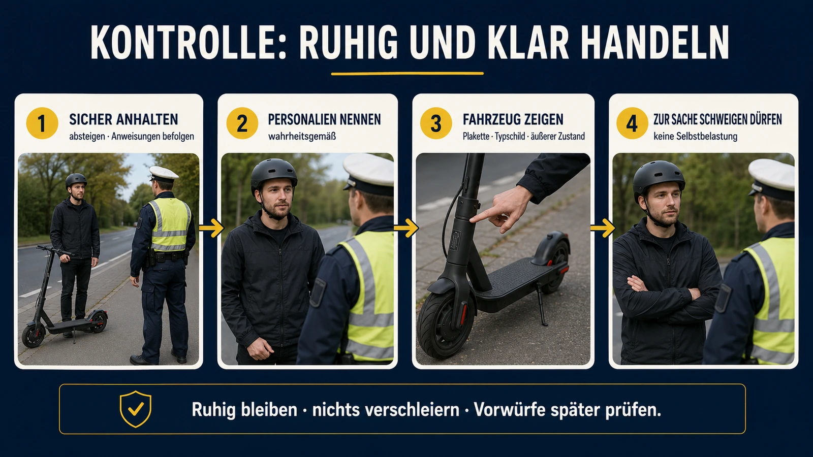 Infografik vier Schritte für ruhiges Verhalten bei der E-Scooter-Polizeikontrolle