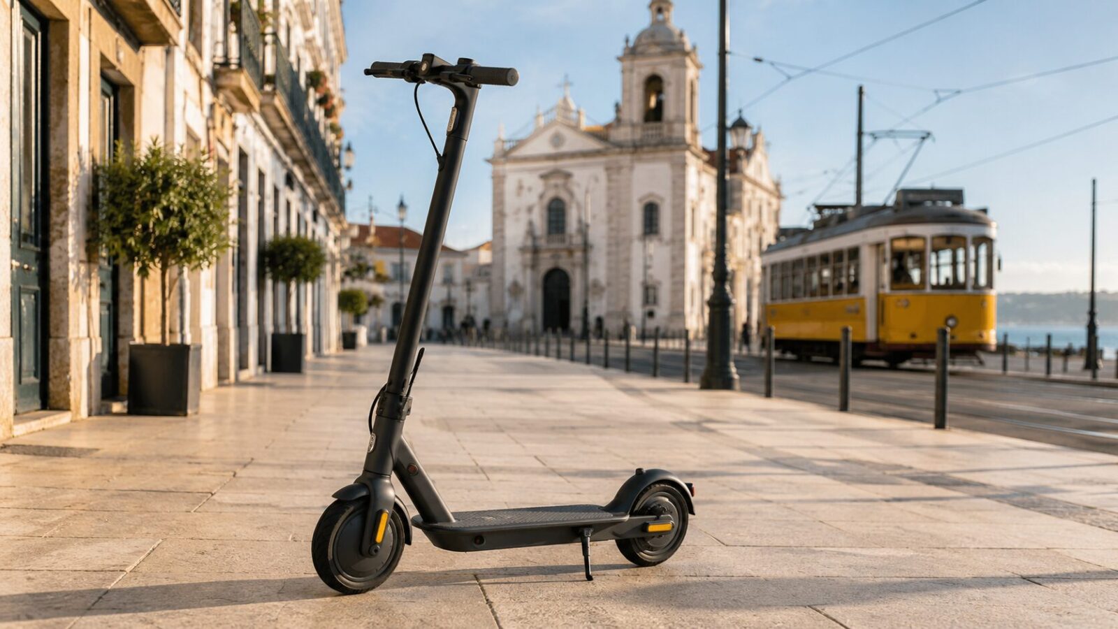 Schwarzer E-Scooter auf einem Platz in Lissabon mit gelber Straßenbahn
