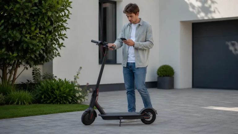 Mann steht am schwarzen E-Scooter auf sauberem Hof und prüft Display und Smartphone bei der Problemsuche