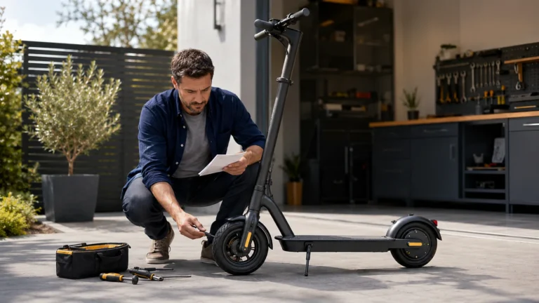 Mann prüft mit Notizblock einen E-Scooter vor der Garage