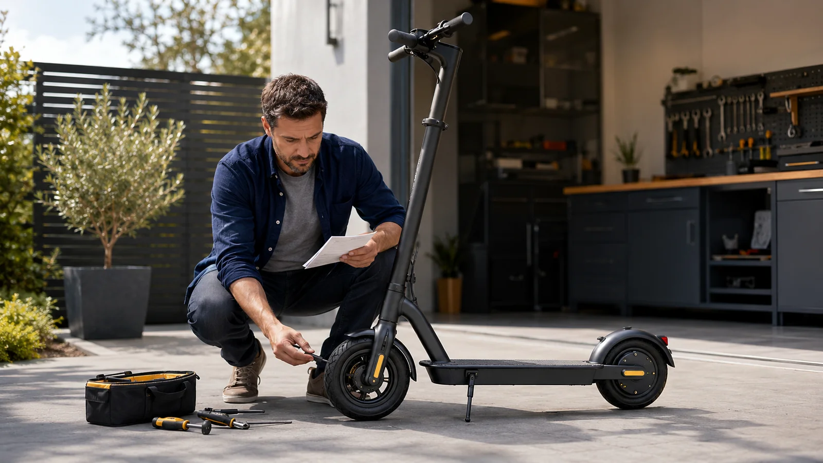 Mann prüft mit Notizblock einen E-Scooter vor der Garage