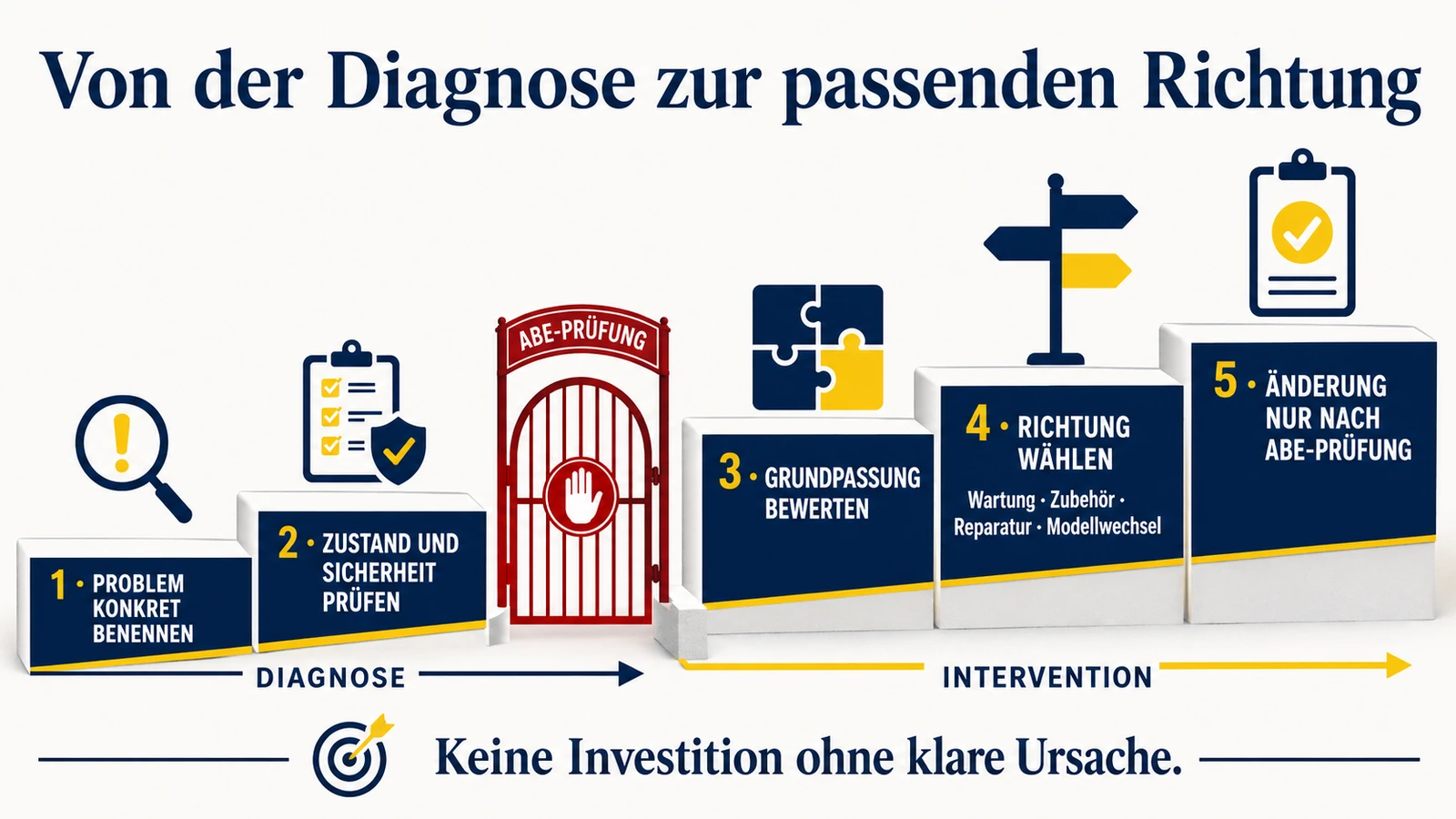 Infografik: von der Diagnose zur passenden Richtung – Problem benennen, Zustand und Sicherheit prüfen, ABE-Prüfung, Richtung wählen