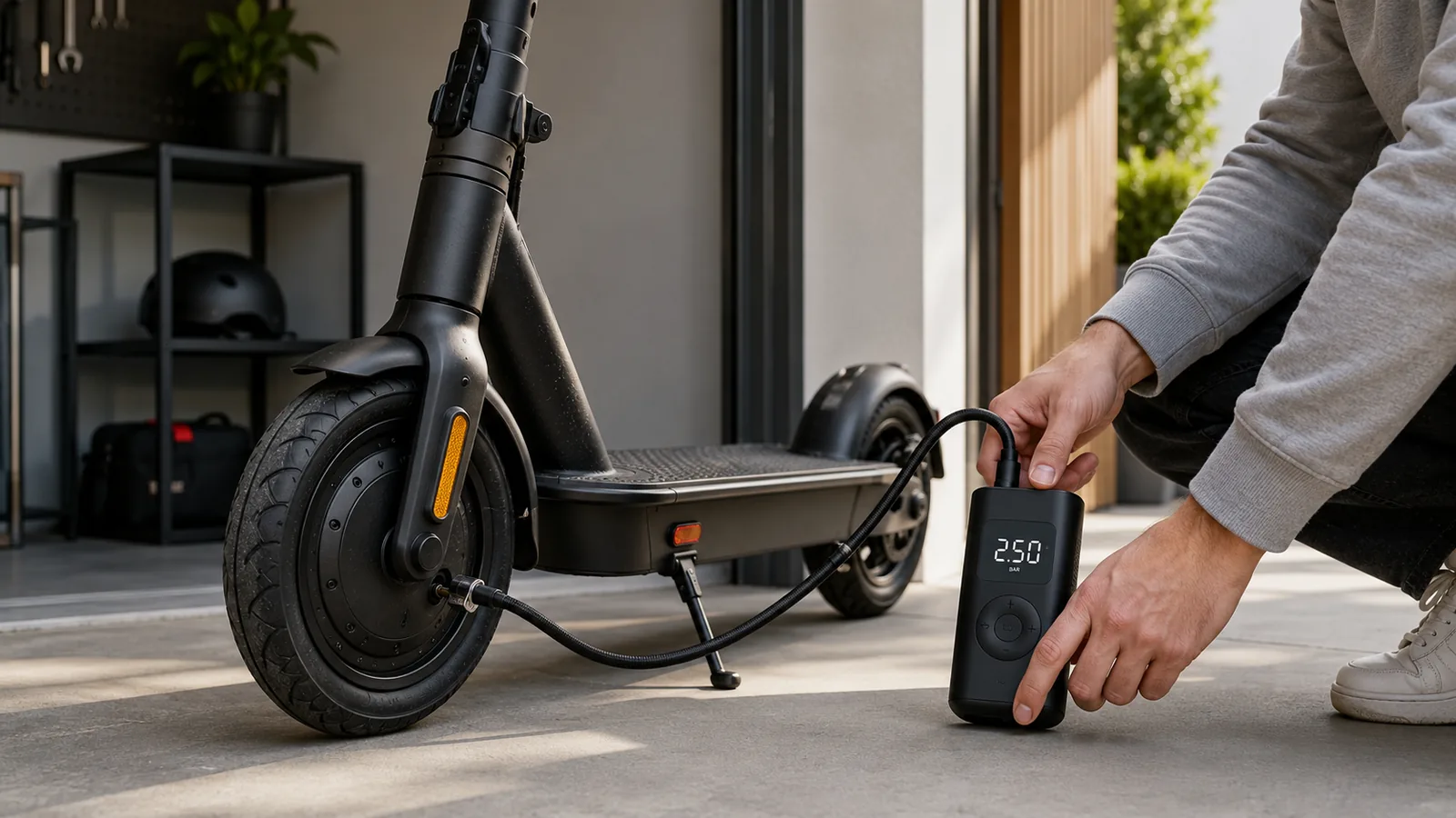 Moderner E-Scooter mit kompakter elektrischer Luftpumpe beim Prüfen des Reifendrucks in einer hellen Garage