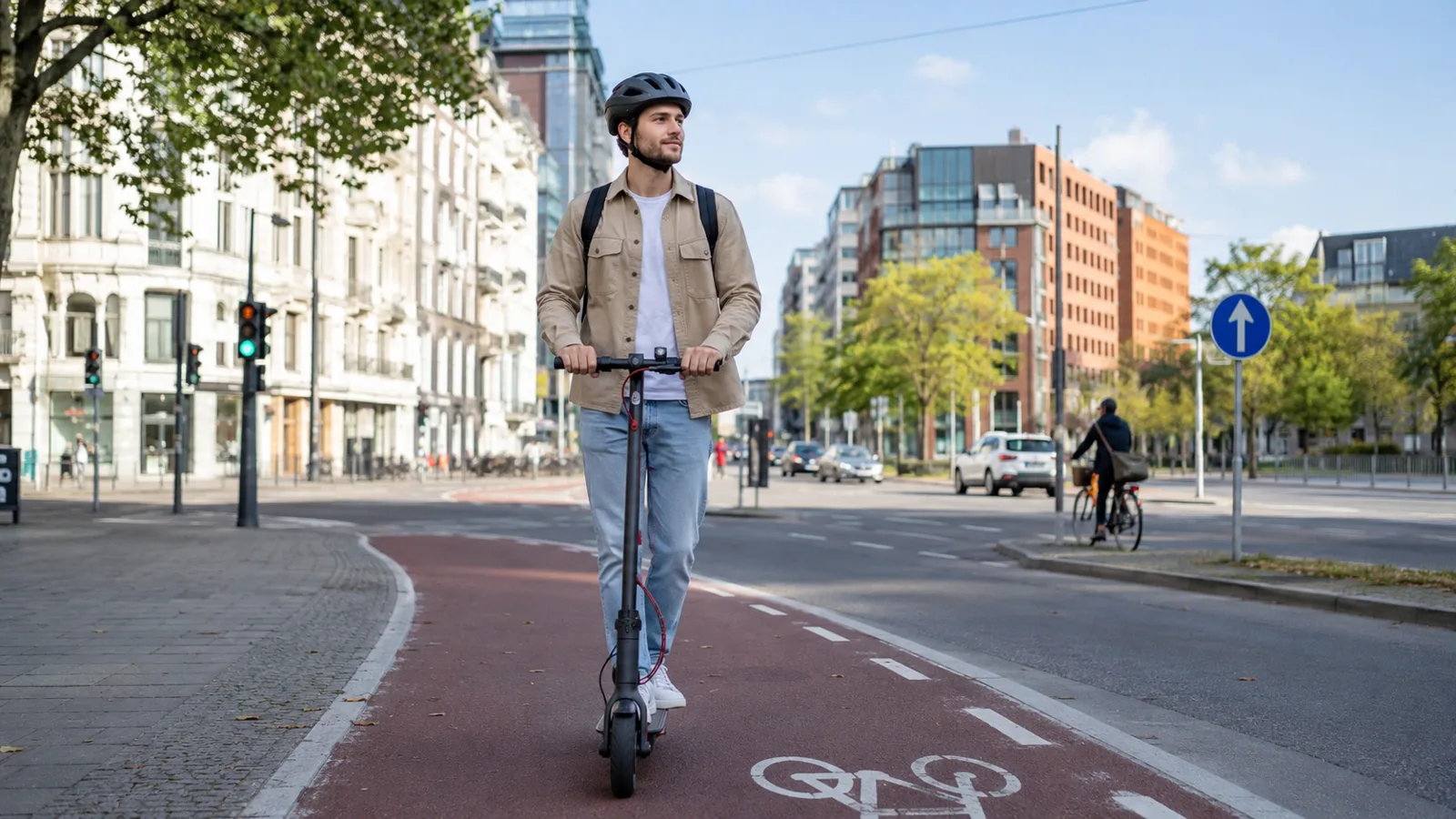 E-Scooter fährt regelkonform auf dem Radweg in der Stadt
