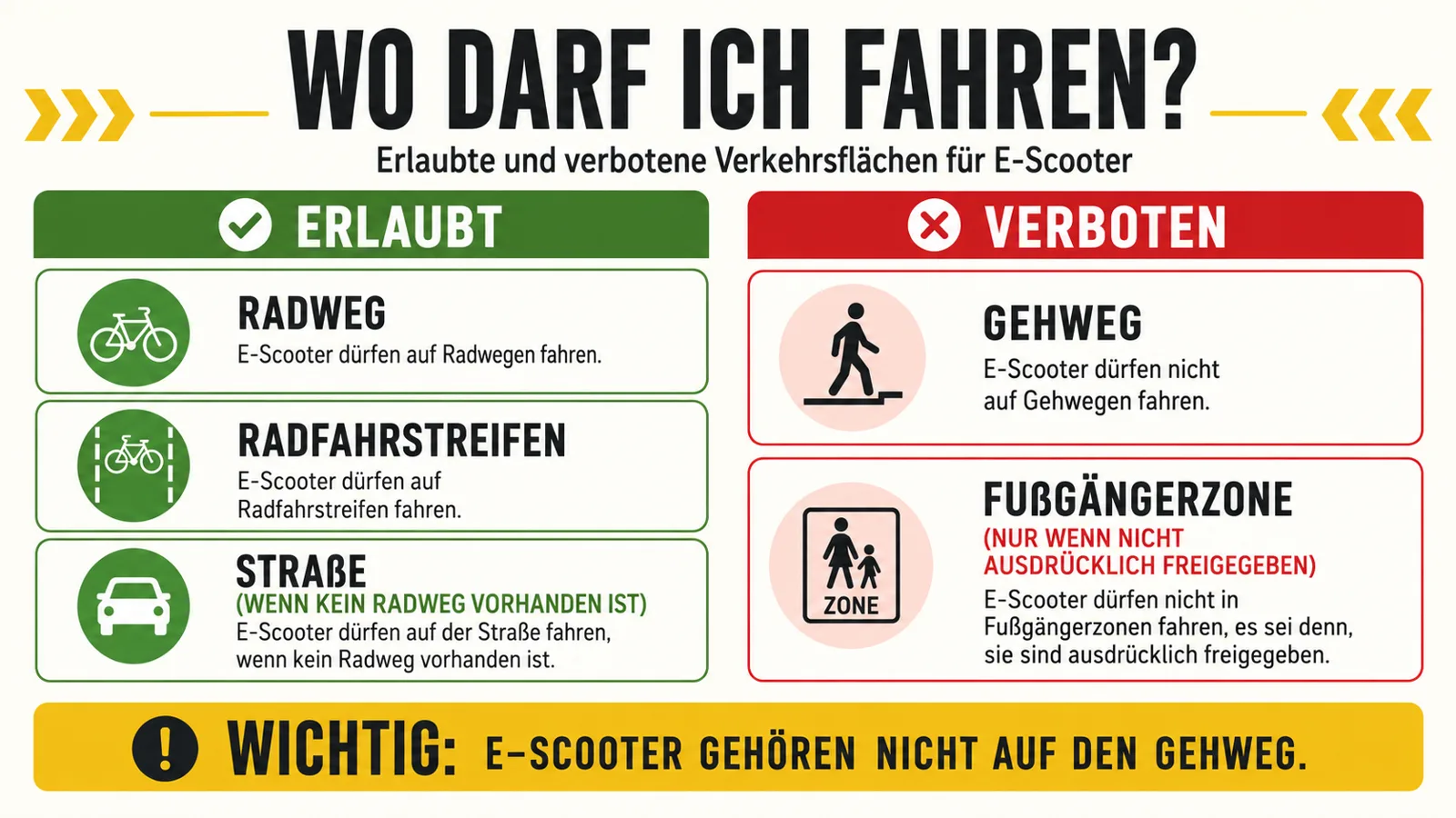Übersicht erlaubte und verbotene Verkehrsflächen für E-Scooter