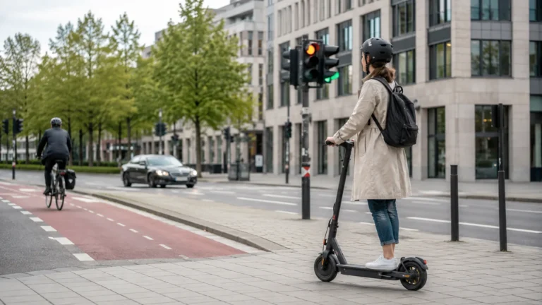 E-Scooter-Fahrerin mit Helm an einer Ampel im Stadtverkehr als Symbol für die E-Scooter-Regeln 2027