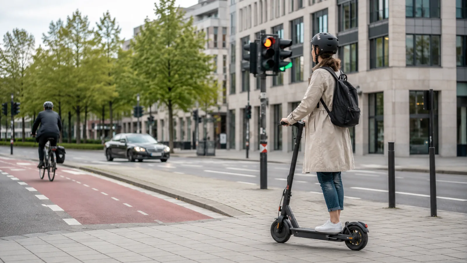 E-Scooter-Fahrerin mit Helm an einer Ampel im Stadtverkehr als Symbol für die E-Scooter-Regeln 2027