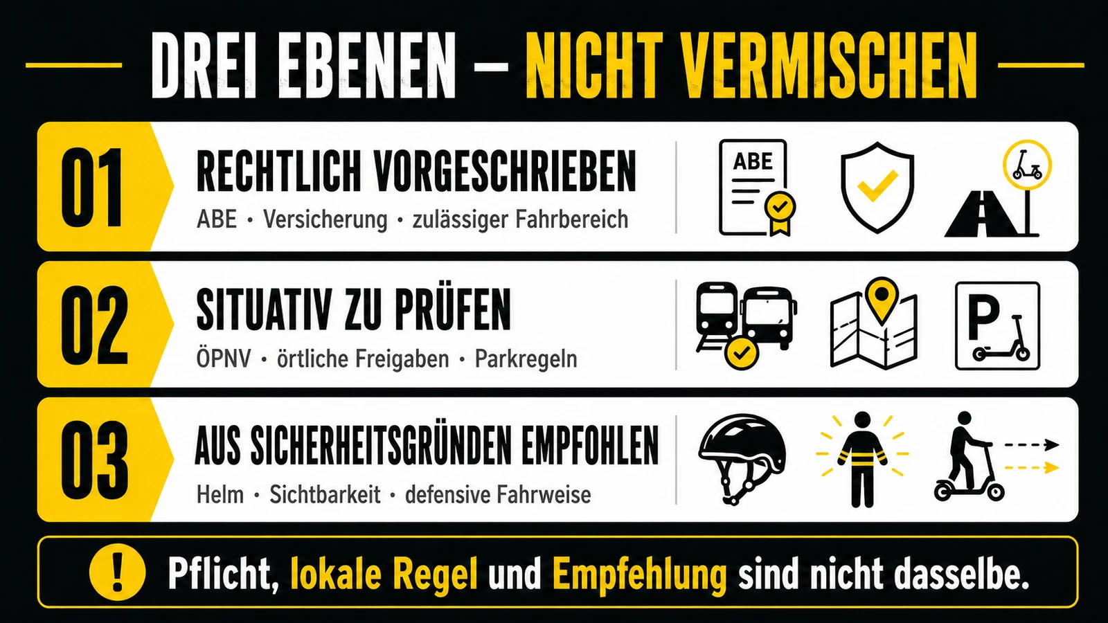 Infografik: drei Ebenen der E-Scooter-Regeln – rechtlich vorgeschrieben, situativ zu prüfen, aus Sicherheitsgründen empfohlen