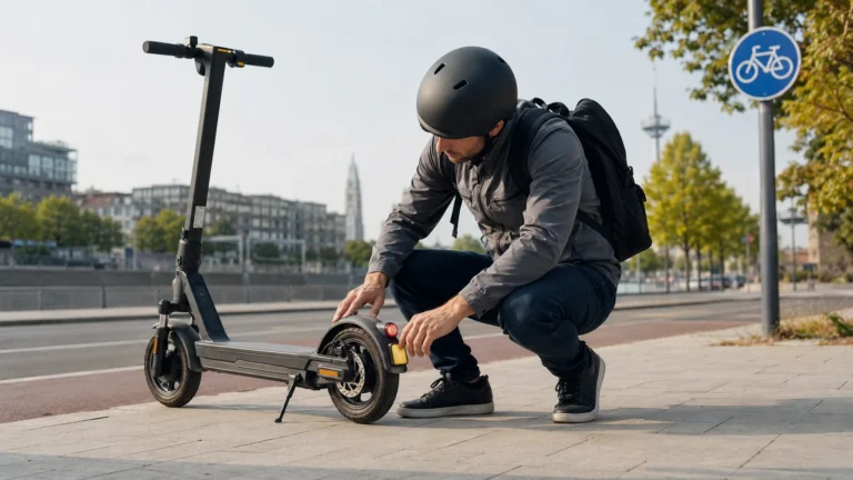 Fahrer mit Helm prüft seinen E-Scooter auf einem Radweg in der Stadt