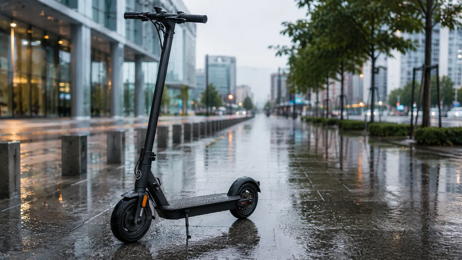 Schwarzer E-Scooter steht auf nasser Stadtstraße im Regen mit Spiegelungen, Gefahr durch Nässe