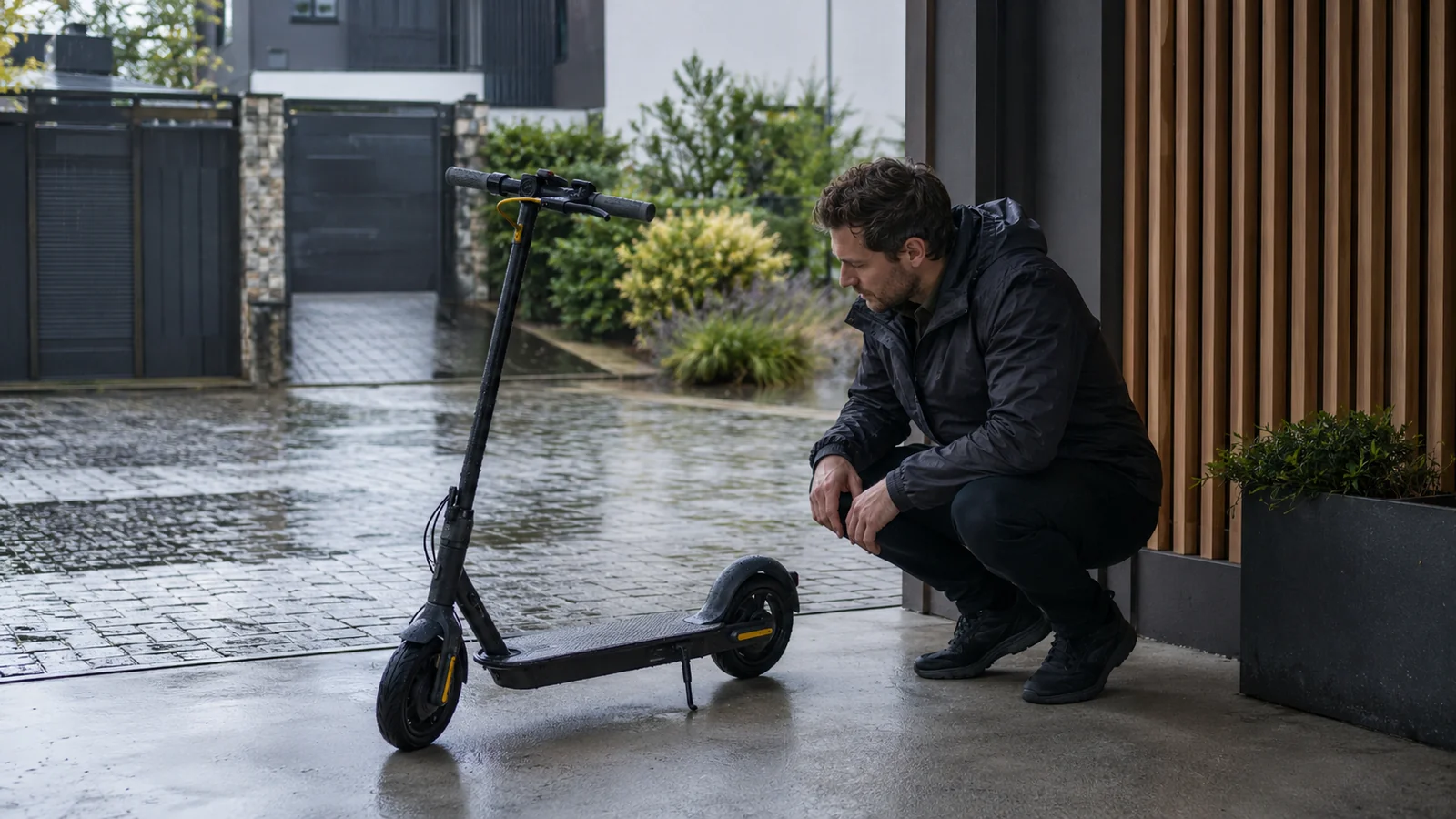 Mann prüft bei Regen seinen E-Scooter auf einer nassen Einfahrt