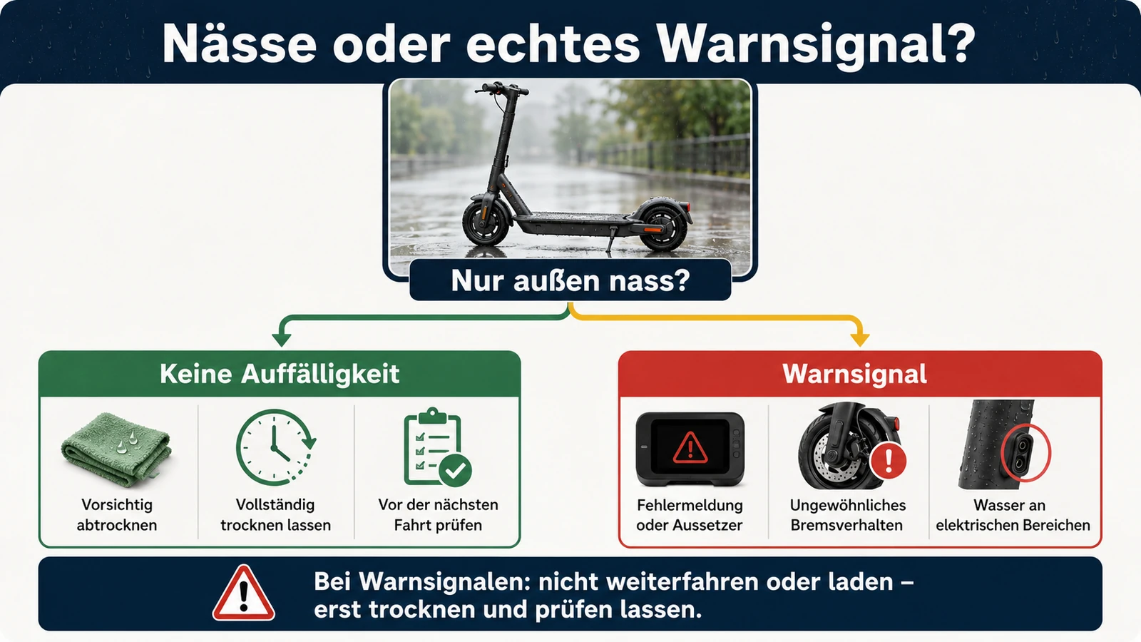 Infografik: Nässe oder echtes Warnsignal – nur außen nass gegen Fehlermeldung, ungewöhnliches Bremsverhalten oder Wasser an elektrischen Bereichen