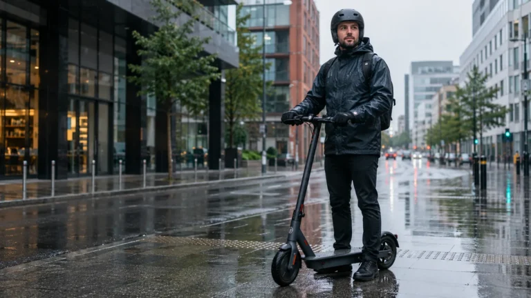Person in Regenjacke und Helm auf E-Scooter in nasser Stadt