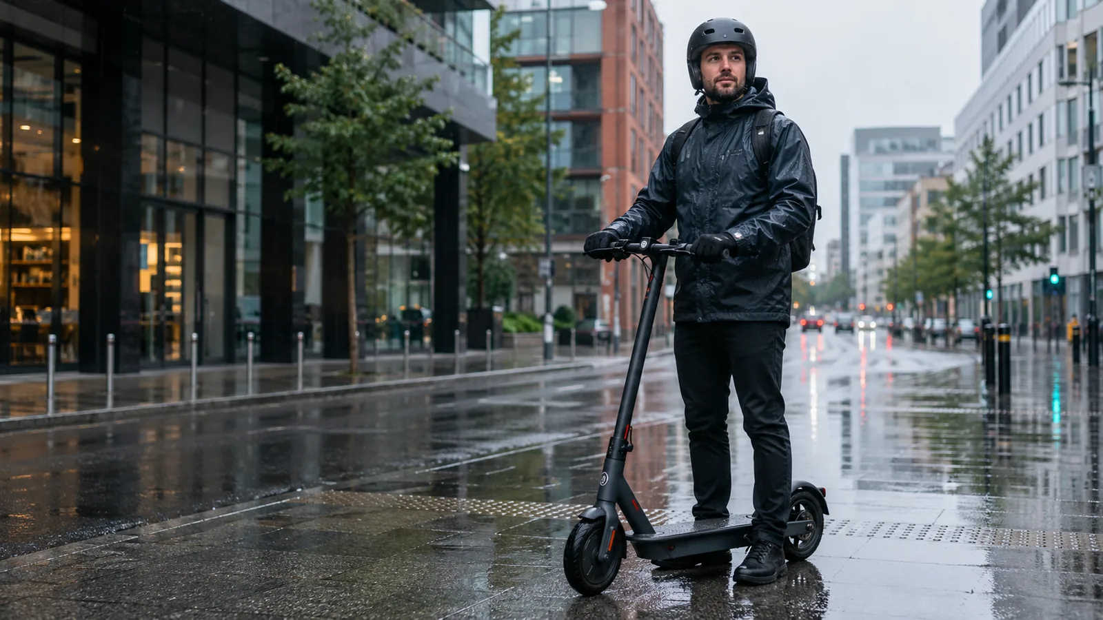 Person in Regenjacke und Helm auf E-Scooter in nasser Stadt
