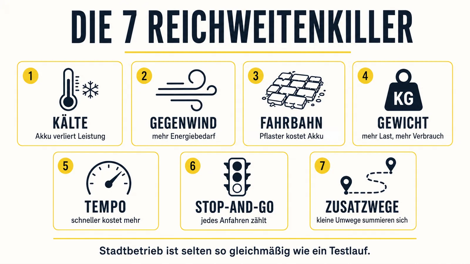 Infografik zu sieben Faktoren, die die E-Scooter-Reichweite im Alltag reduzieren
