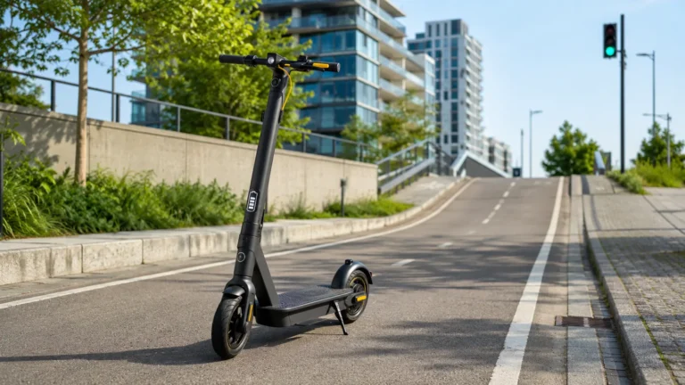 E-Scooter mit Akkuanzeige auf einem realistischen Stadtweg