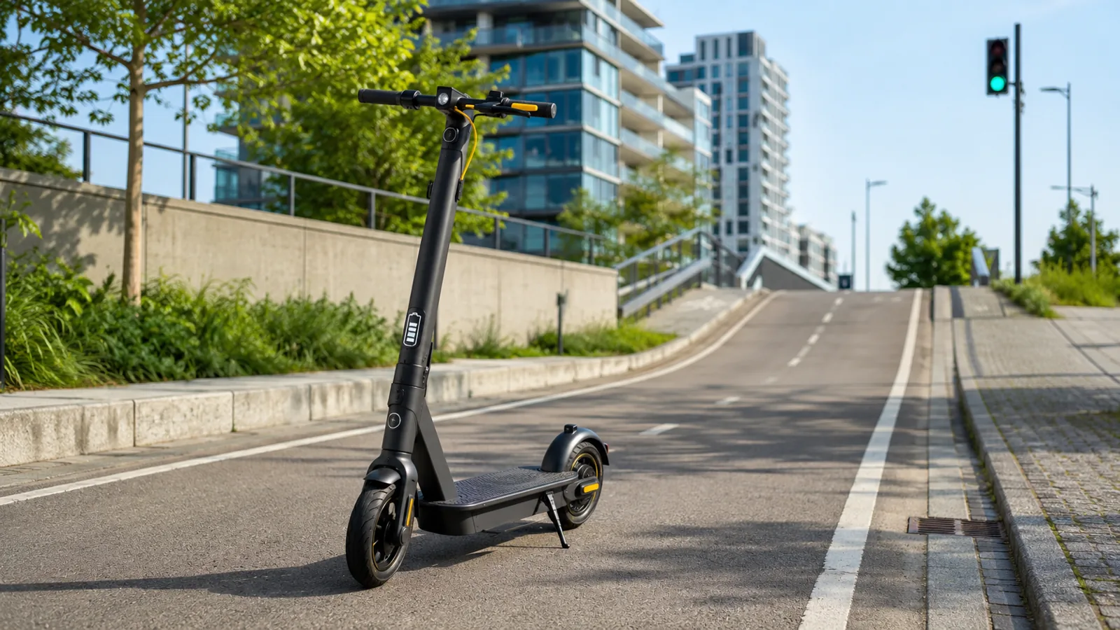 E-Scooter mit Akkuanzeige auf einem realistischen Stadtweg