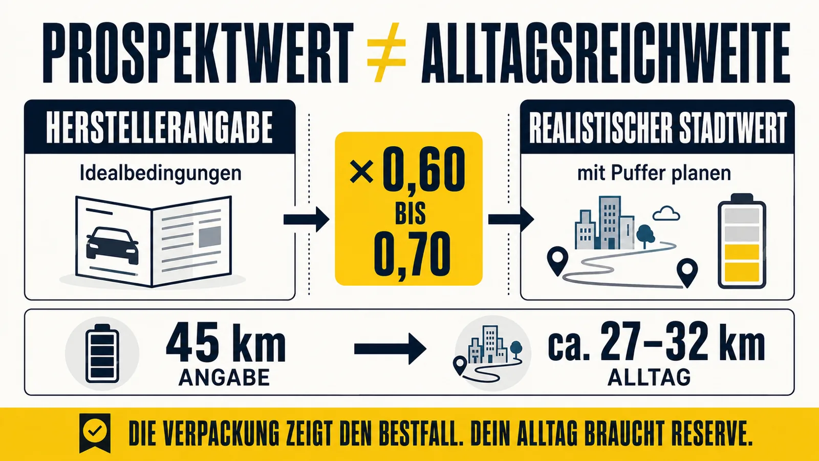 Infografik zum Unterschied zwischen Herstellerangabe und realer E-Scooter-Reichweite