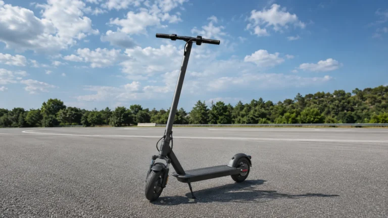 Schwarzer E-Scooter auf weiter offener Teststrecke unter blauem Himmel, realistische Reichweite in ruhiger Umgebung