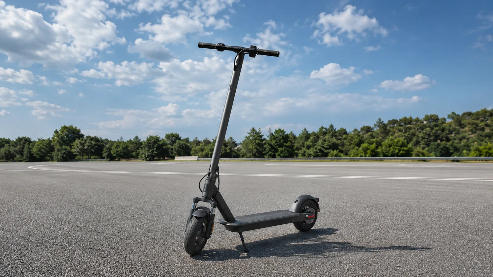 Schwarzer E-Scooter auf weiter offener Teststrecke unter blauem Himmel, realistische Reichweite in ruhiger Umgebung