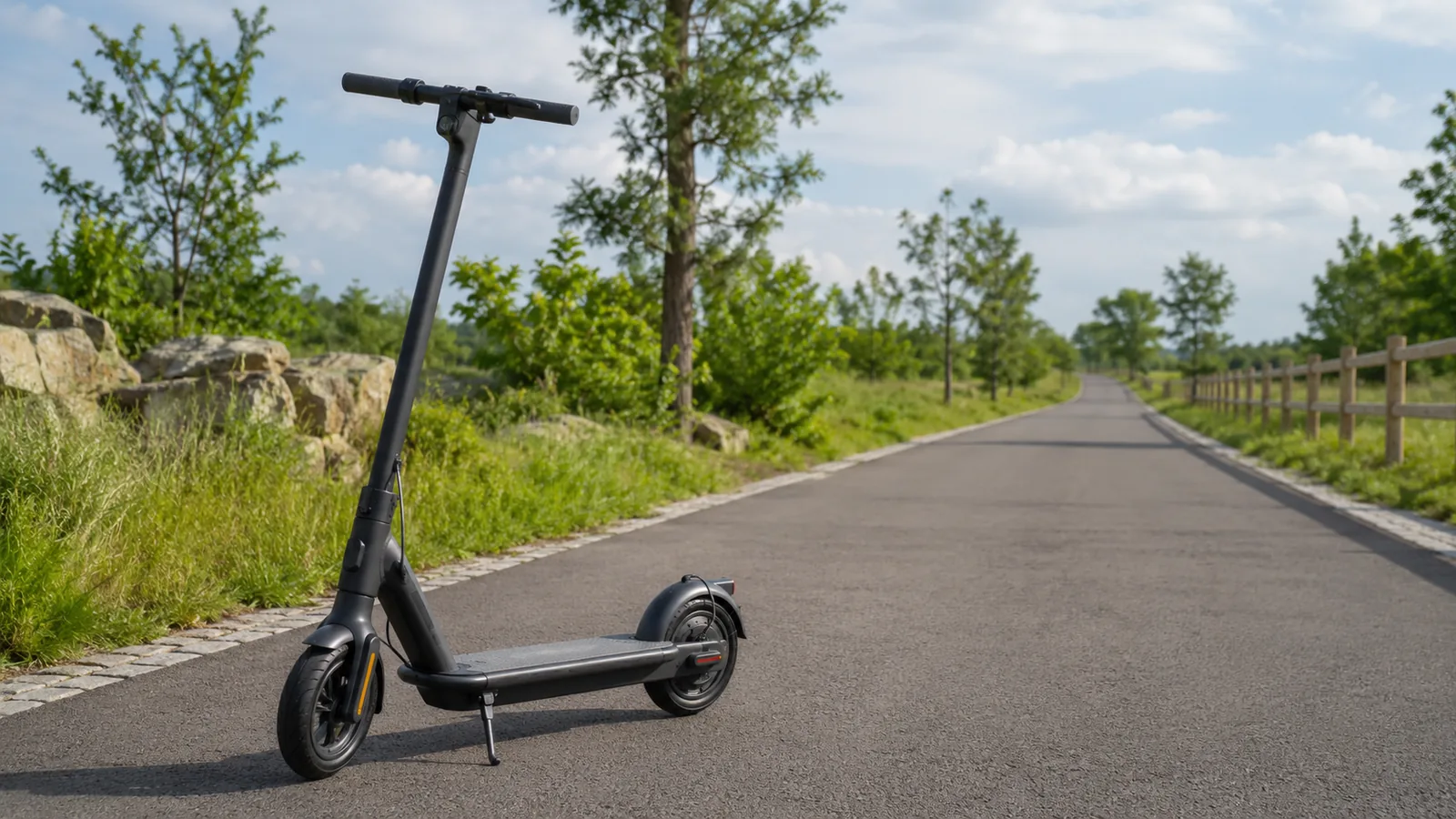 Schwarzer E-Scooter auf leerer Landstraße für lange Reichweite