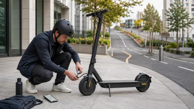 Mann mit Helm prüft am Straßenrand den Reifendruck seines E-Scooters