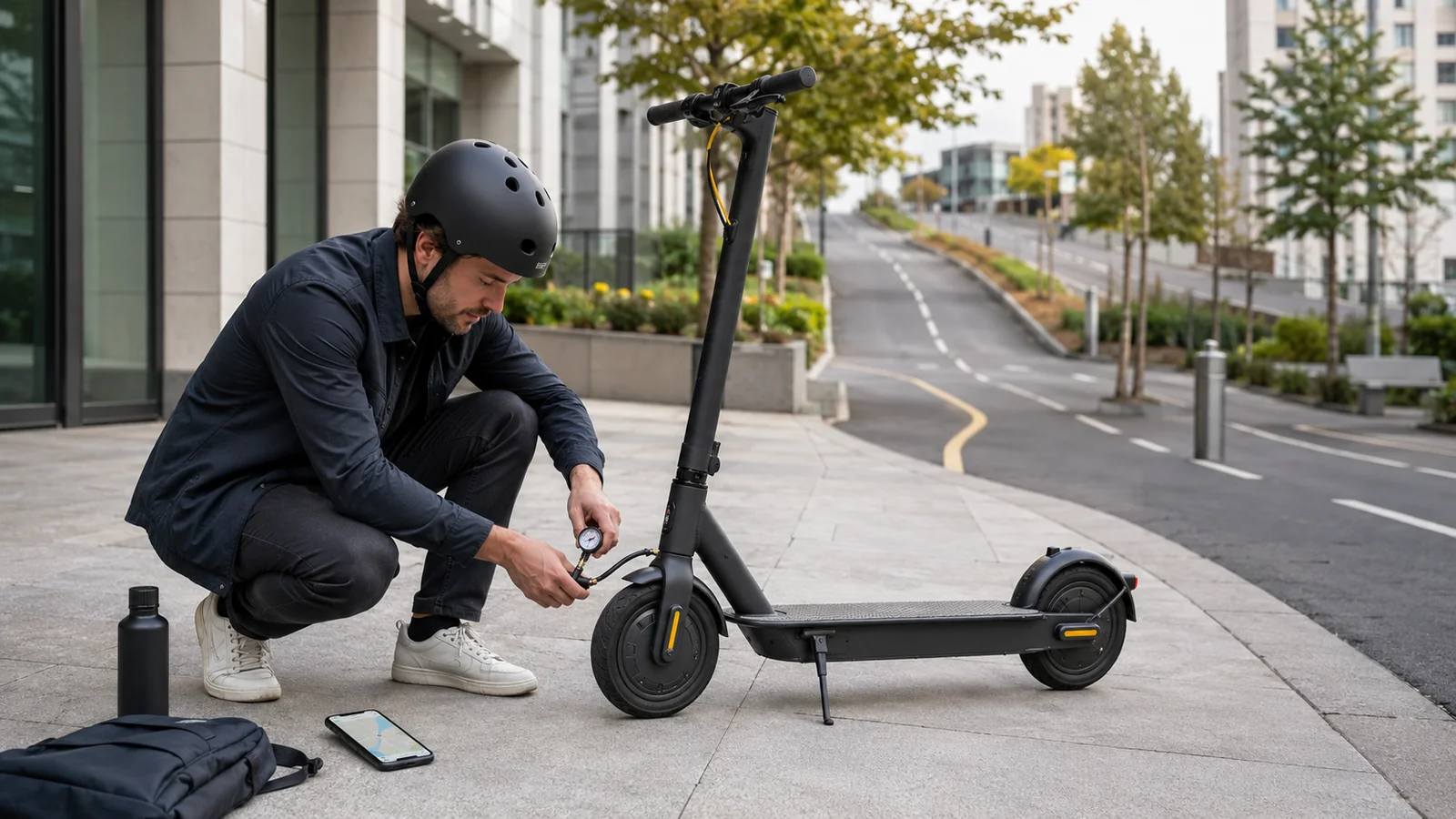 Mann mit Helm prüft am Straßenrand den Reifendruck seines E-Scooters