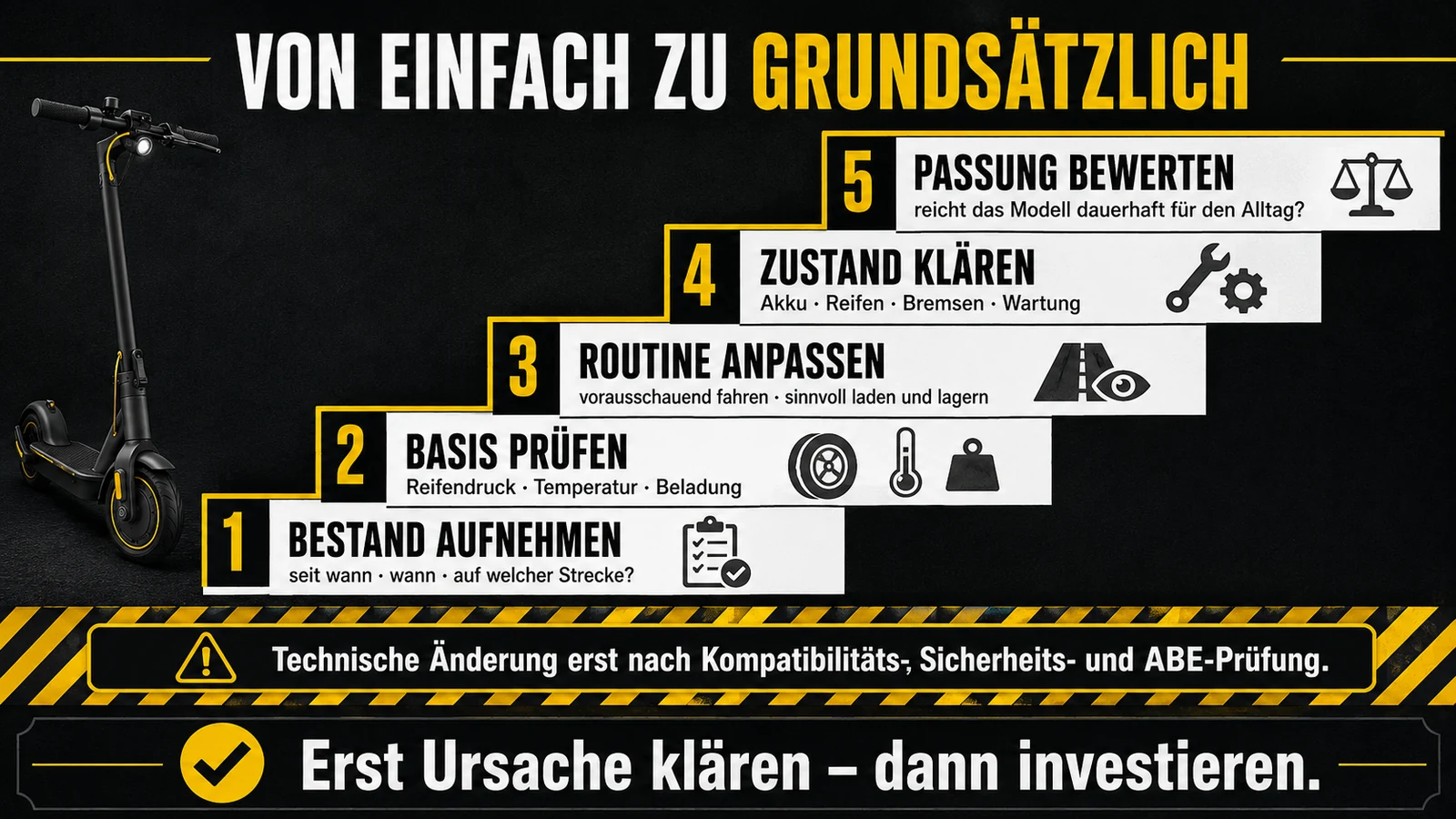 Infografik: Reichweite verbessern von einfach zu grundsätzlich – Bestand aufnehmen, Basis prüfen, Routine anpassen, Zustand klären, Passung bewerten