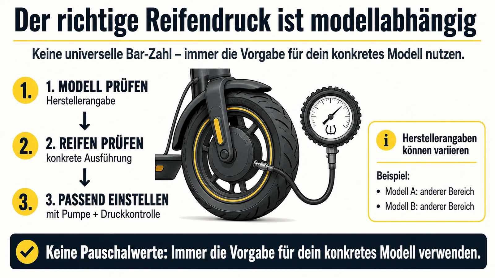 Infografik zur modellabhängigen Wahl des richtigen E-Scooter-Reifendrucks