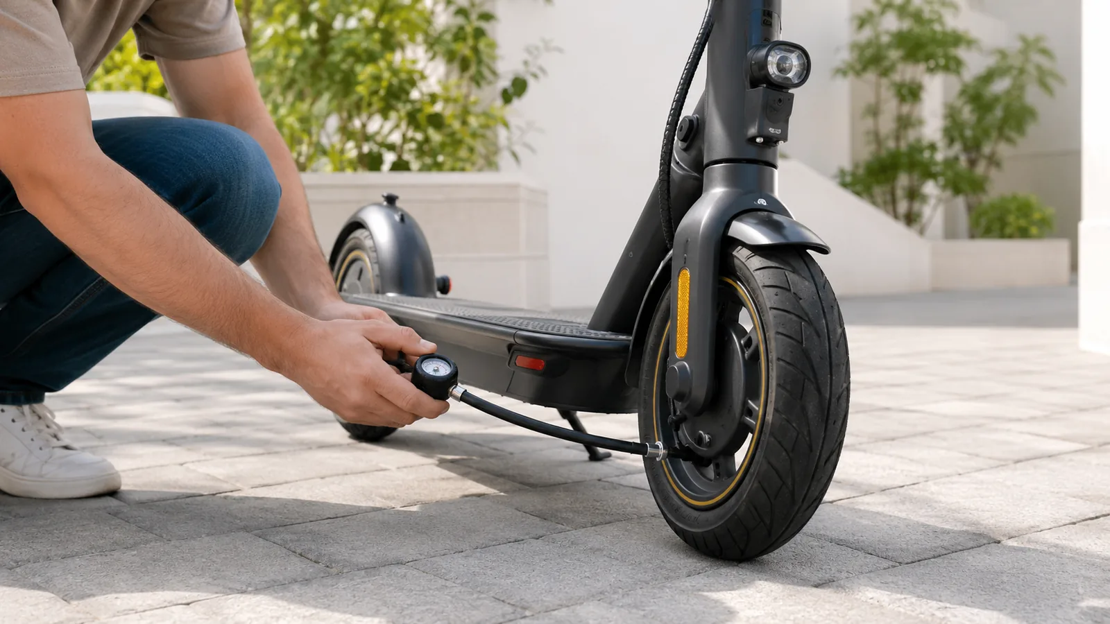 Nahaufnahme eines E-Scooter-Reifens, Person misst mit Druckmesser den Reifendruck im Sommer