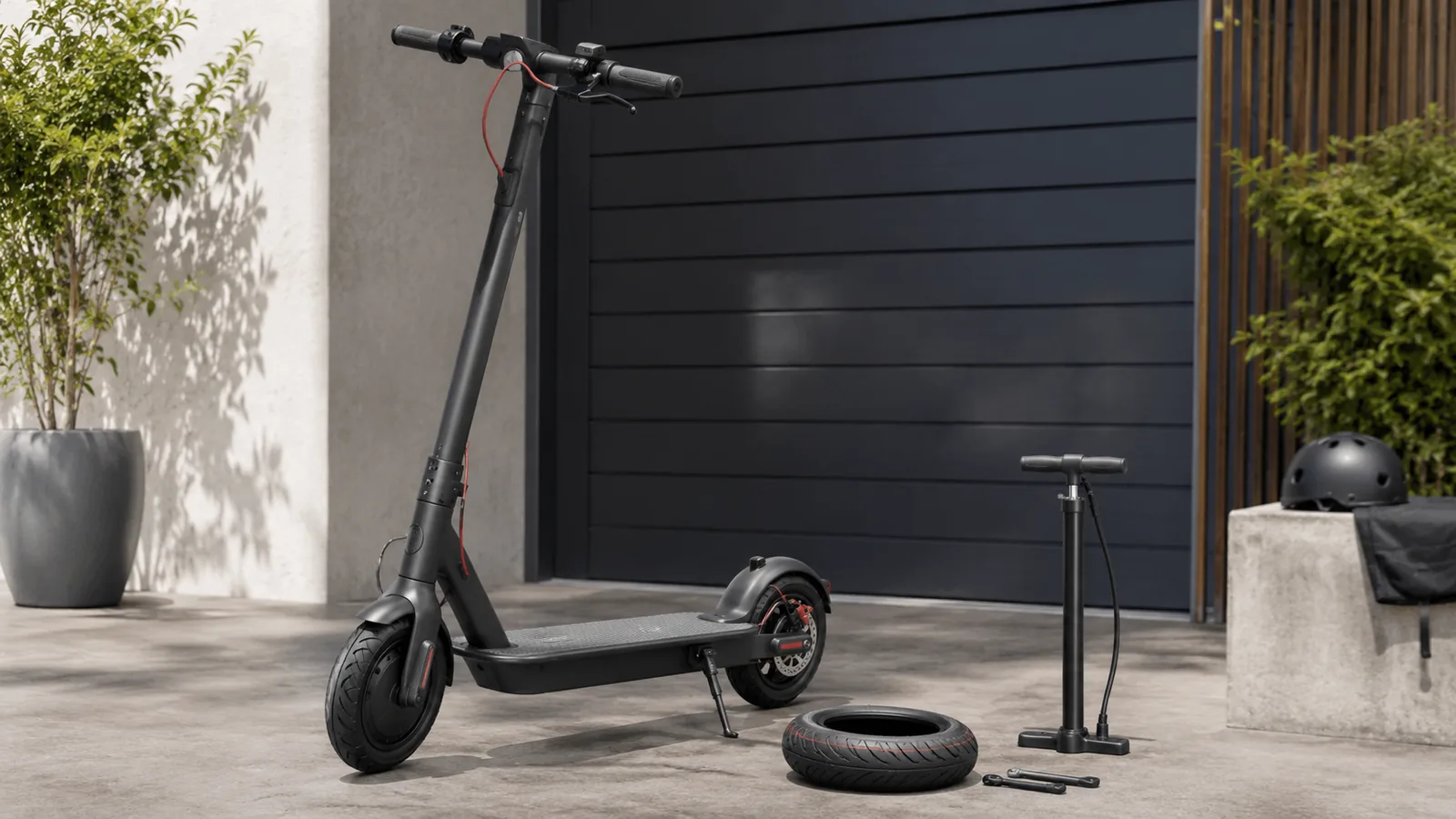 E-Scooter mit Ersatzreifen, Luftpumpe und Werkzeug vor Garage