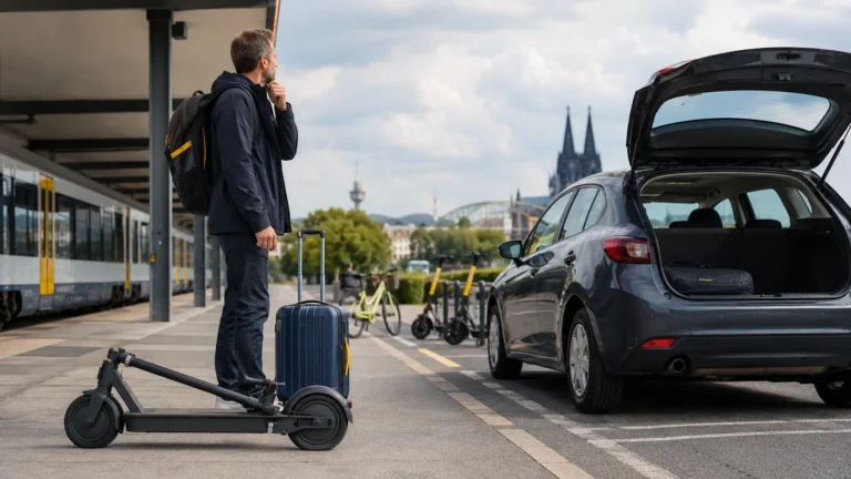 Reisender mit Koffer und E-Scooter zwischen Bahnsteig und Auto mit offenem Kofferraum