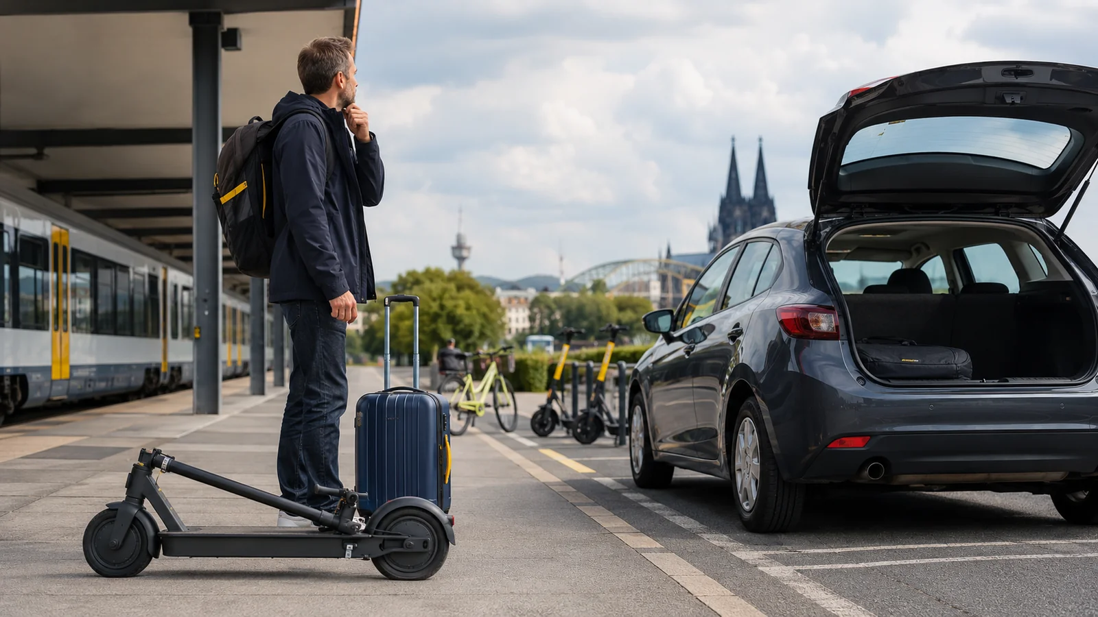 Reisender mit Koffer und E-Scooter zwischen Bahnsteig und Auto mit offenem Kofferraum