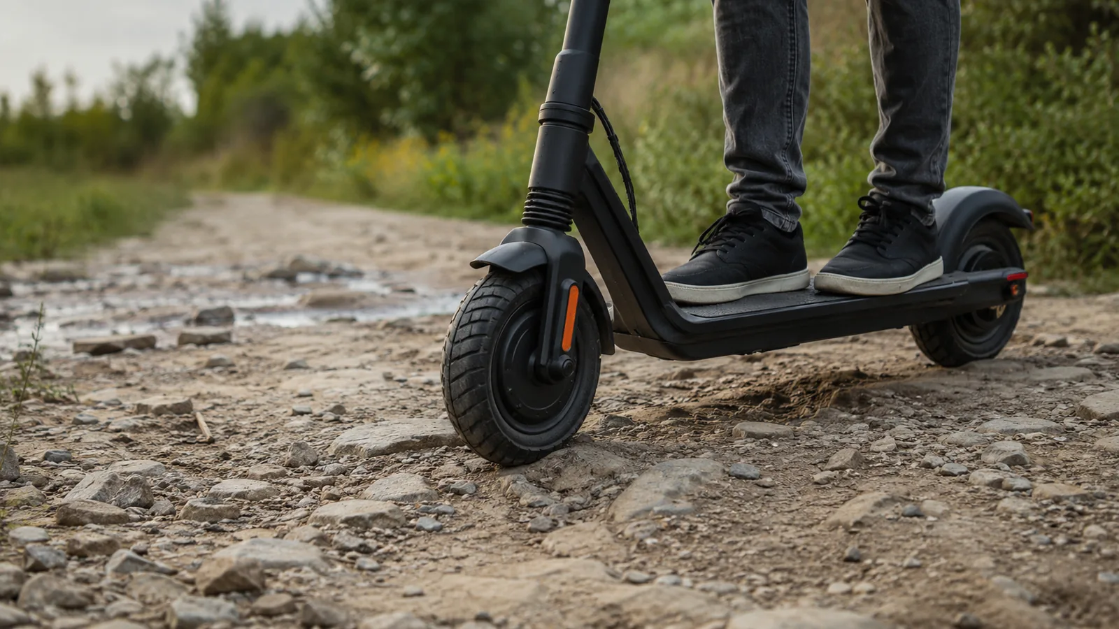 Vorderrad eines E-Scooters auf steinigem, unebenem Schotterweg