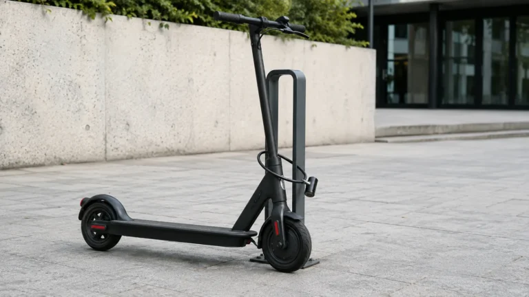 Abgestellter E-Scooter, der mit einem robusten Schloss an einem festen Anschließpunkt gesichert ist