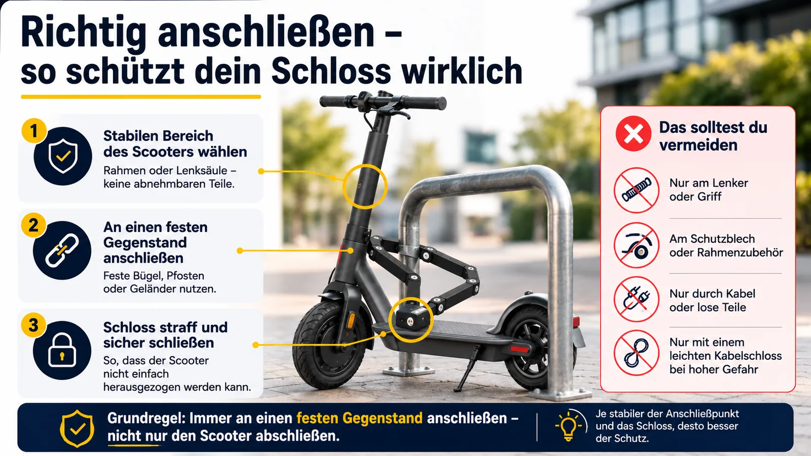 E-Scooter mit Schloss an einem stabilen Fahrzeugbereich und einem festen Anschließpunkt