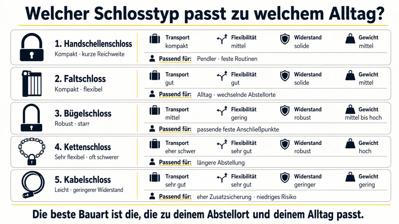 Vergleich von Handschellen-, Falt-, Bügel-, Ketten- und Kabelschloss für unterschiedliche E-Scooter-Nutzungen