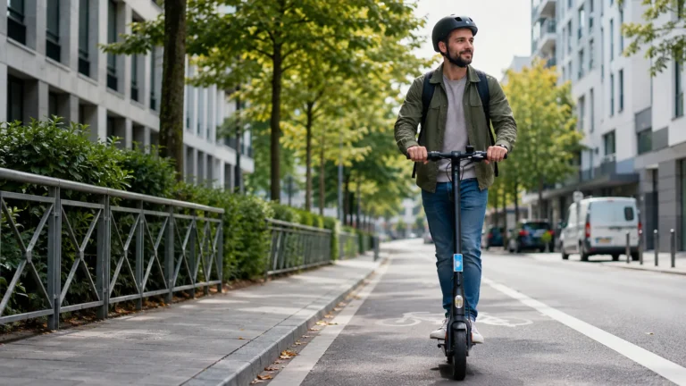 Mann fährt mit E-Scooter auf einem urbanen Radweg