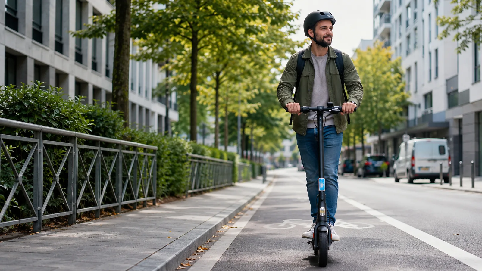 Mann fährt mit E-Scooter auf einem urbanen Radweg
